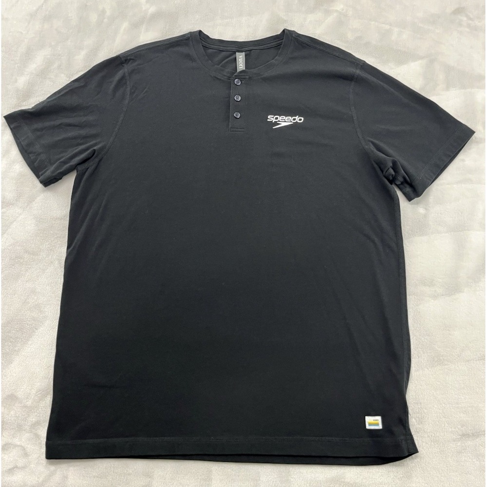 Vuori Linear Henley Shirt Men Large Black Speed Logo Crew Neck Pima Cotton Tee